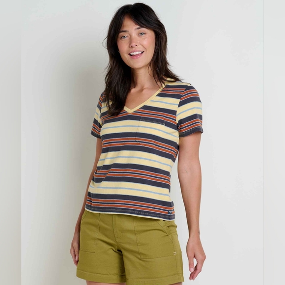 Toad&Co Tops - Toad & Co Women's Grom V-Neck Short Sleeve Tee Shirt Size M‎ In Straw Stripe NWT